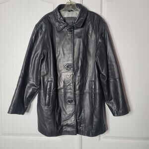 Vintage Gallery Black Leather Coat Jacket Large Lined Pockets SOFT button front